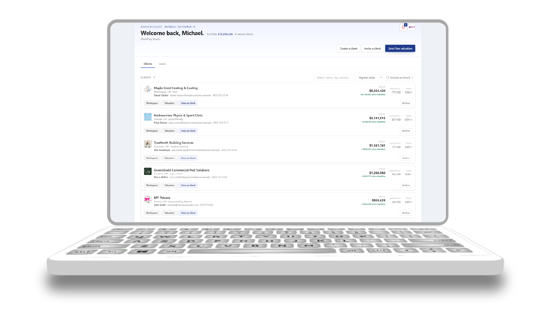The Advisor Studio home: every client, every valuation, every lead on one screen