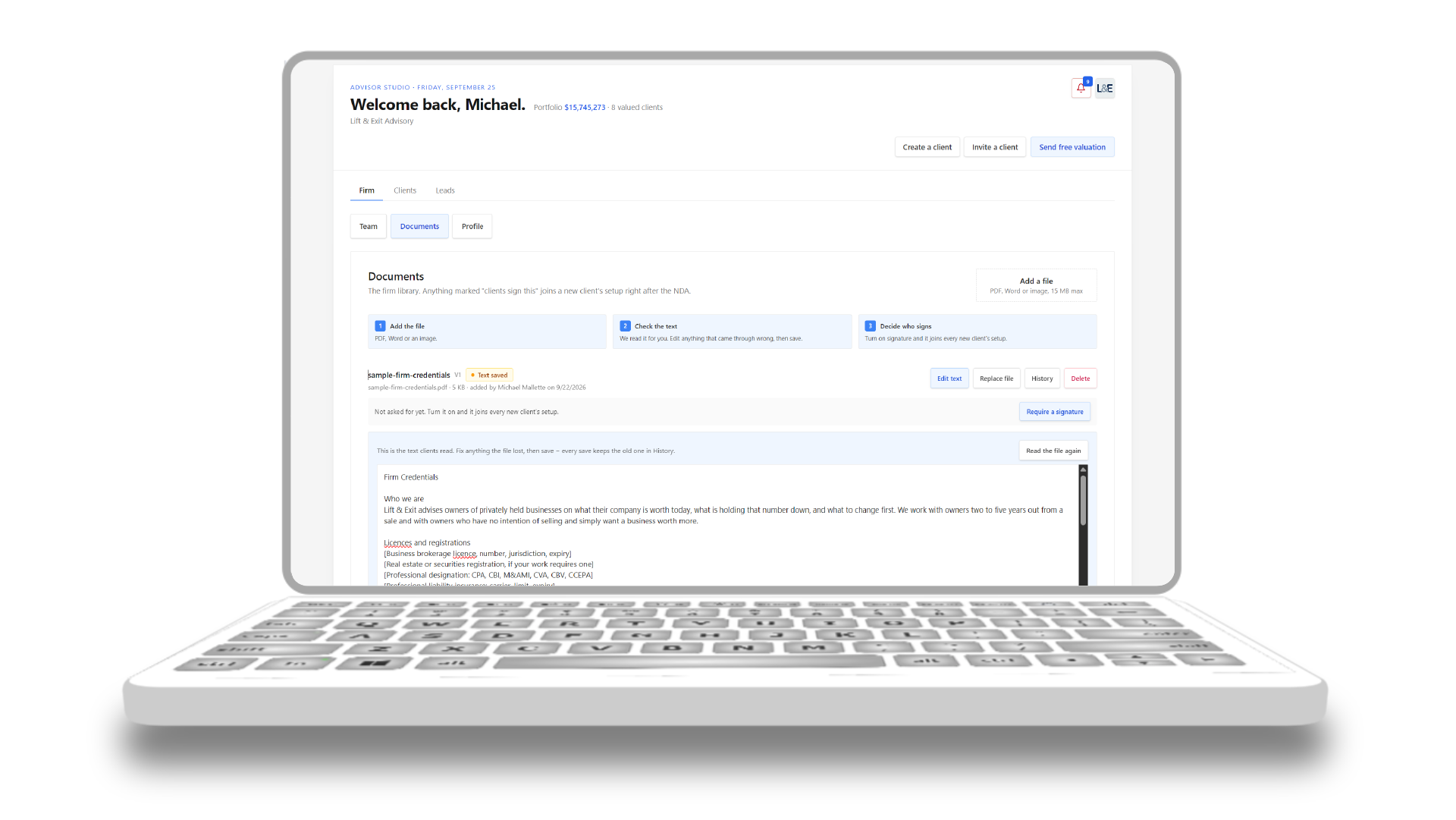 The firm document library with a credentials file ready to sign