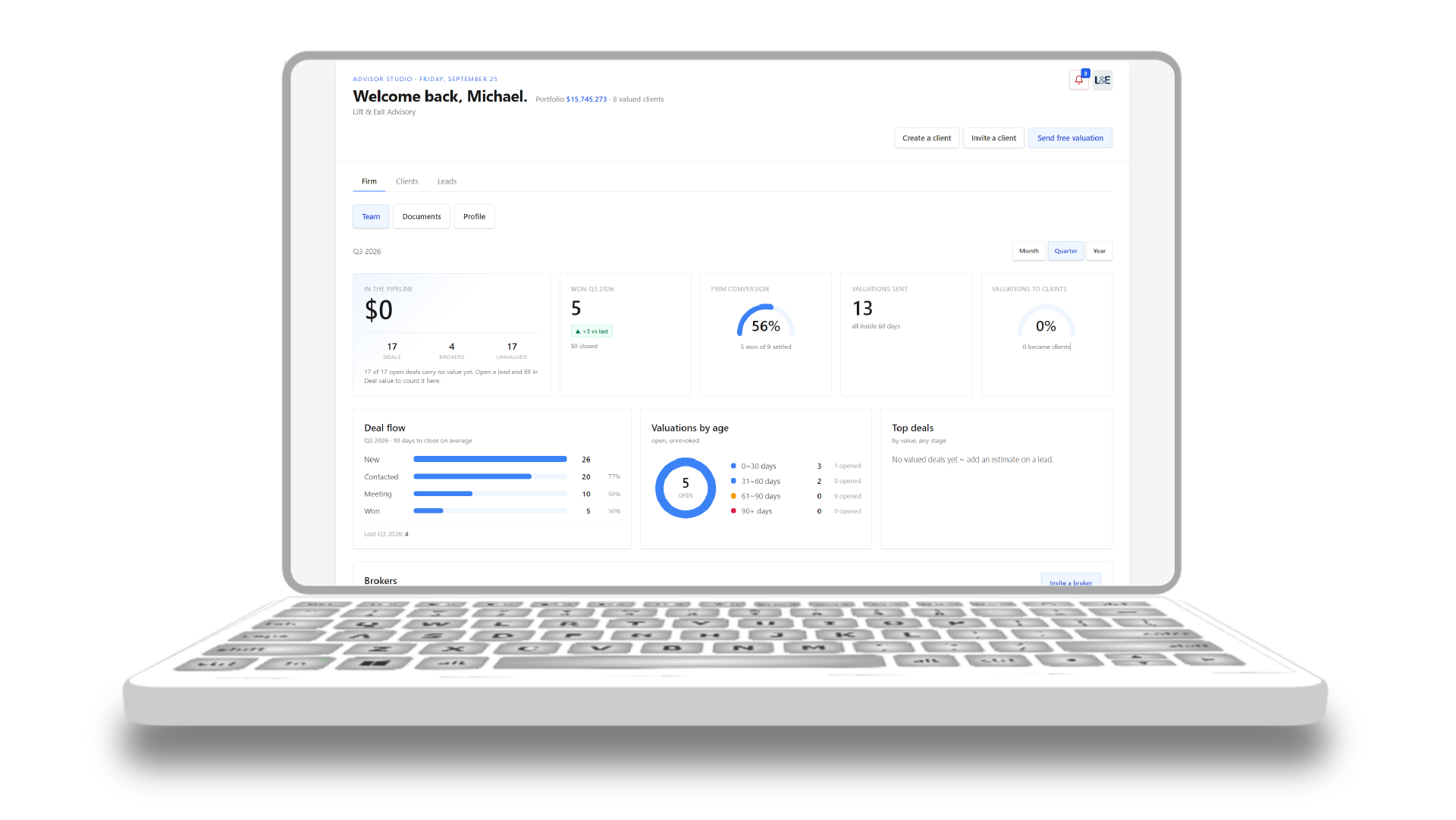 The firm dashboard: pipeline, deal flow, firm conversion, valuations by age and top deals