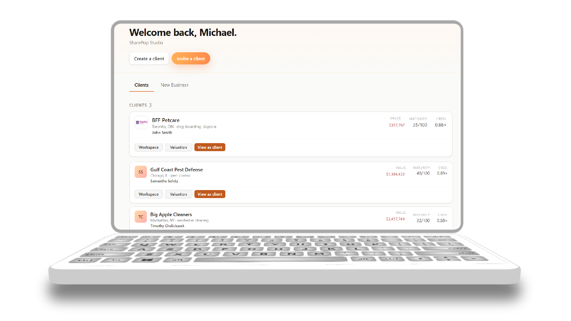 Advisor Studio ~ every client's value, gain since baseline, and maturity, with the New Business tab beside the roster