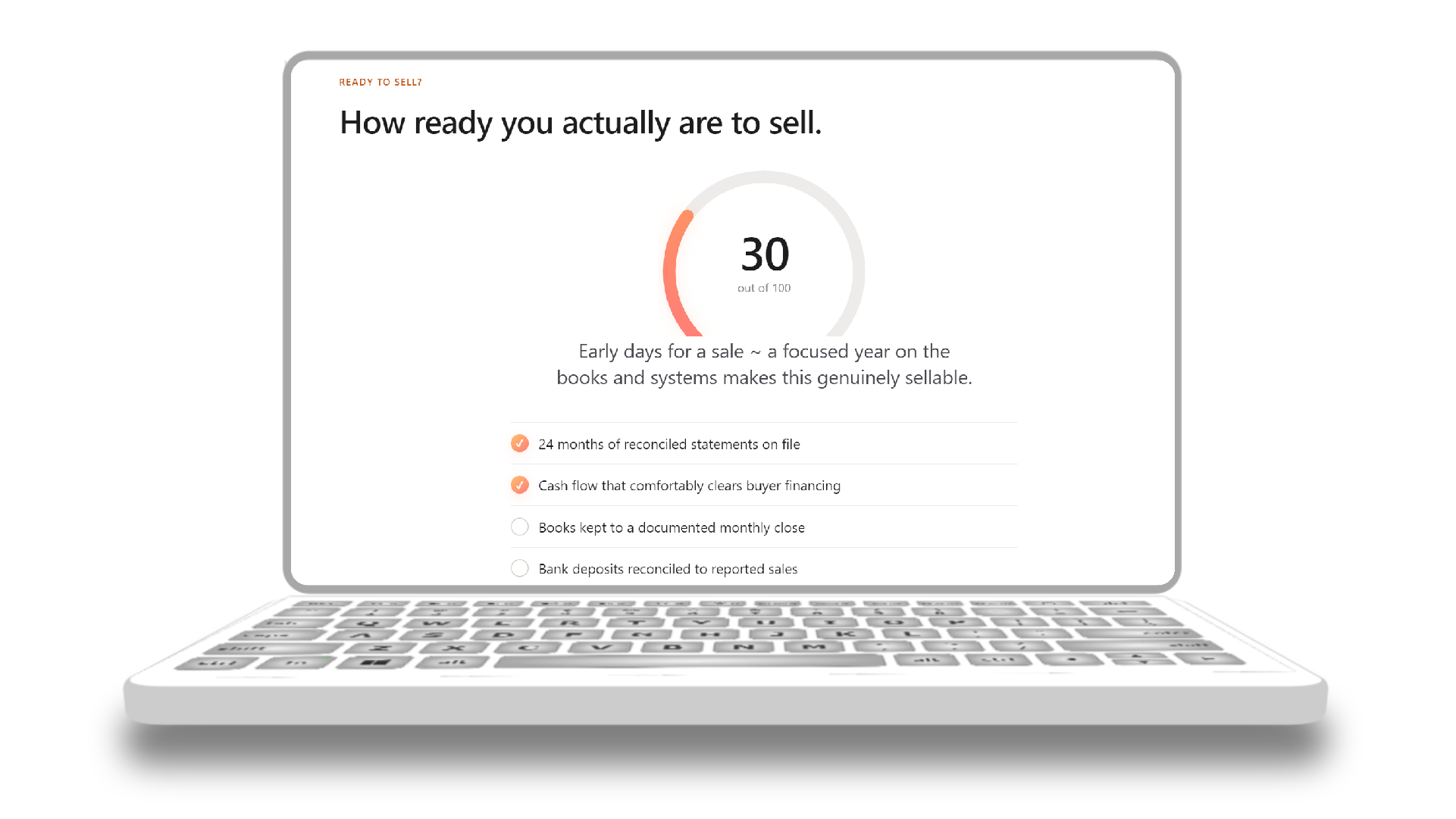A sale-readiness score out of 100 with the buyer-ready checklist behind it