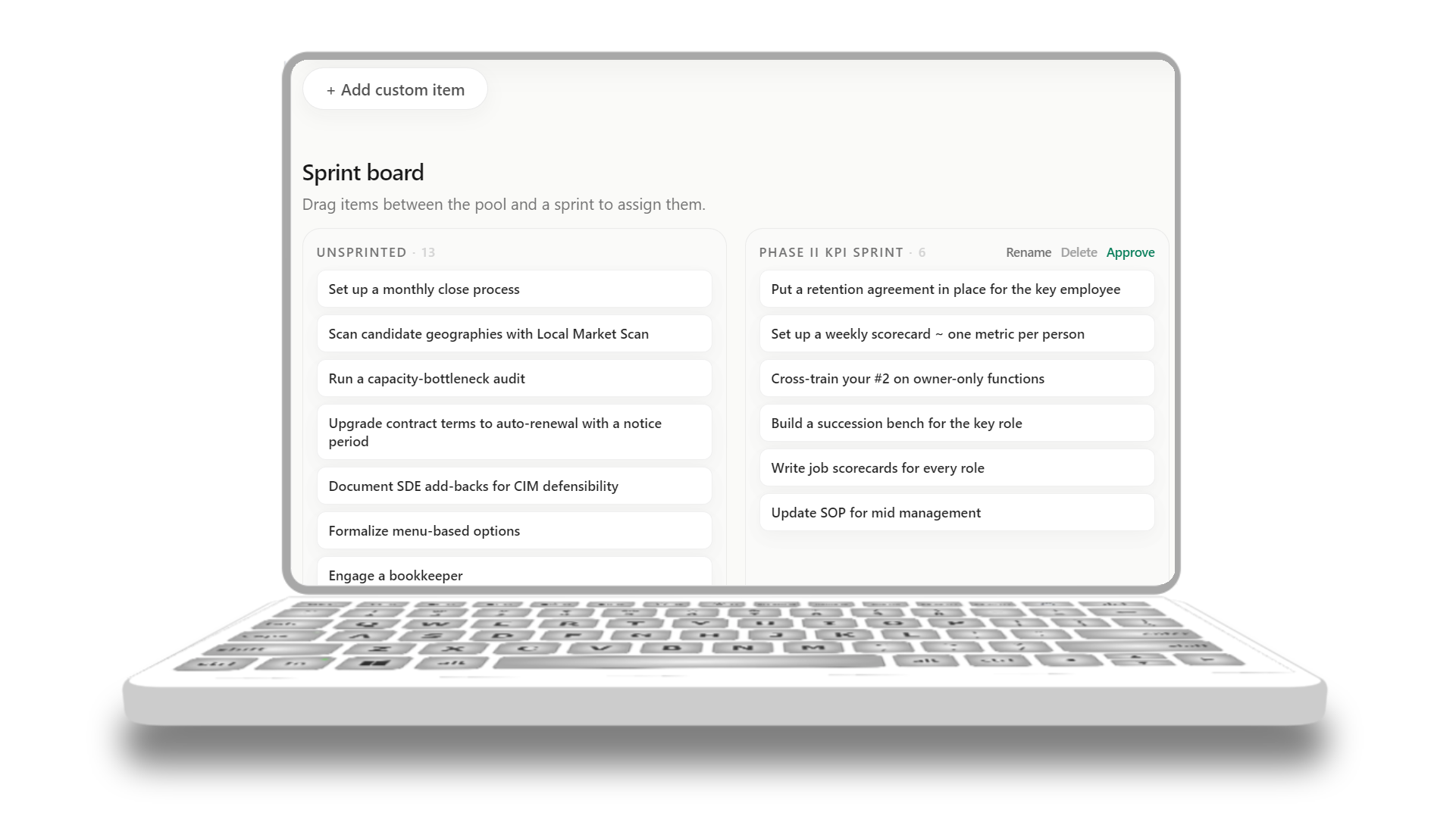 The advisor sprint board, assigning work into sprints for the client