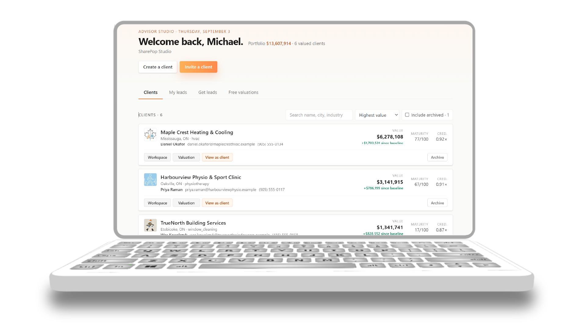 The Advisor Studio home: every client, every valuation, every lead on one screen