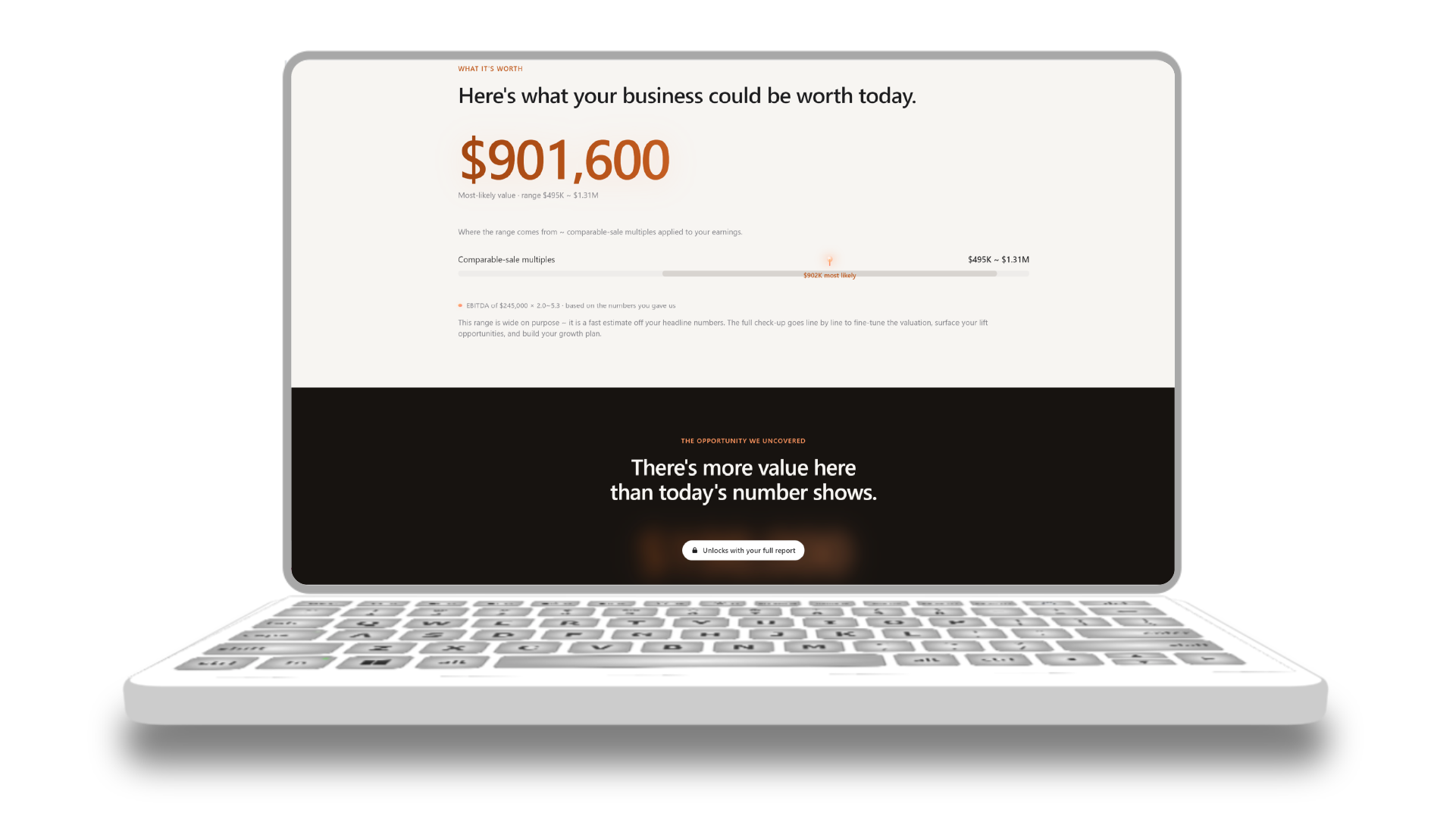 The white-labeled free valuation an owner sees under the advisor’s brand, with the paid unlock below